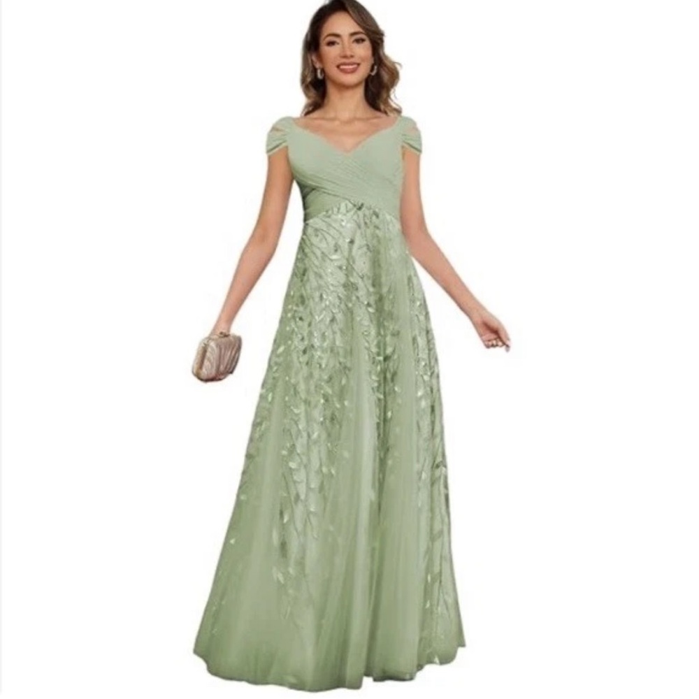 Green floral appliqué mesh corset back sz 12 long formal gown special occasion